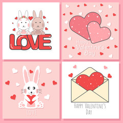 Happy Valentine’s day background set. Cute rabbit and love heart card collection . Vector illustration.