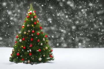 Fototapeta na wymiar Realistic illustration of decorated fir tree under snow, using generative ai