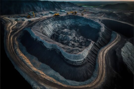 Coal mining an open pit extractive industry, aerial drone top view