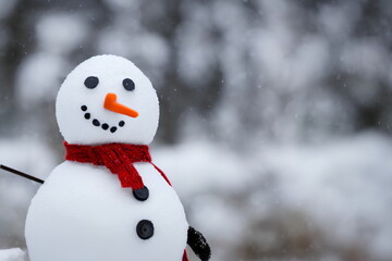 Fototapeta premium Realistic illustration of snowman outdoors, generative ai