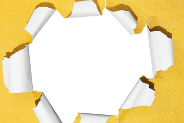 Hole in christmas gold gift box, empty space for advertising text in torn paper, background texture