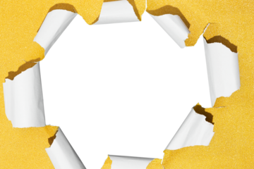 Hole in christmas gold gift box, empty space for advertising text in torn paper, background texture