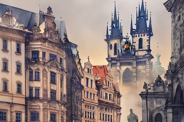 panorama of the town prague color art.. - obrazy, fototapety, plakaty