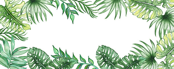 Naklejka na ściany i meble Tropical banner and golden.Watercolor nature, exotic emerald and golden glitter leaves.