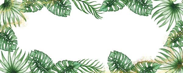 Tropical banner and golden.Watercolor nature, exotic emerald and golden glitter leaves.