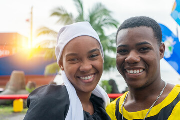 Young man and woman Afro-descendant from the southern Caribbean coast of Nicaragua in traditional...