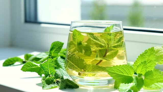 Glass with mint tea on window sill and fresh mint leaves around. Herbal tea. Homemade cold refreshing drink.
