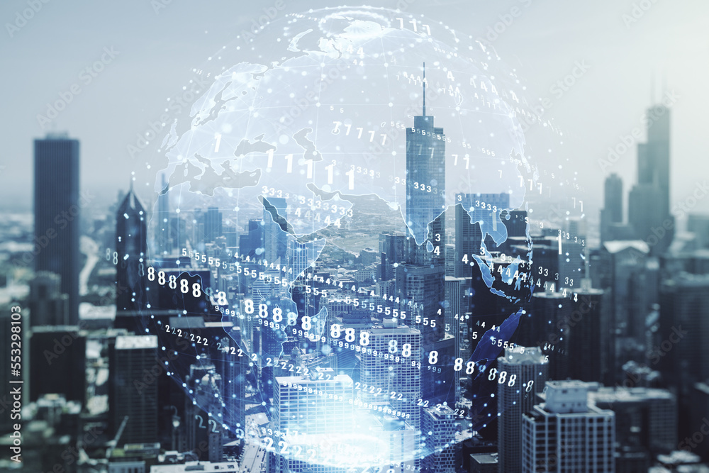 Poster multi exposure of abstract creative coding sketch and world map on chicago city skyline background, 