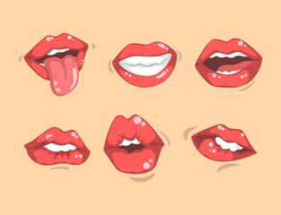 Upper and Lower Lips of Mouth Curving in Different Gestures Vector Set