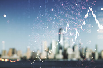 Multi exposure of virtual abstract financial chart hologram and world map on blurry cityscape background, research and analytics concept
