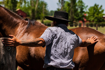 Un gaucho argentino trabajando con caballos