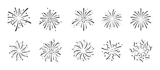 Set of firework icons.Fireworks with stars and sparks isolated on white background.Firework simple black line icons.