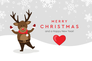 christmas greeting card with cute deer on snowy background