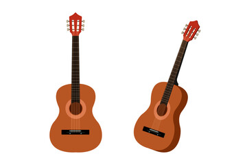 Guitar in two angles, front and three-quarter, side view. Guitar six-stringed, classical, woody color. Musical string instruments. Vector illustration isolated on white background