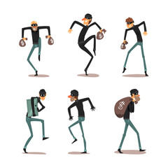 Obraz premium Man Robber Characters or Thief Dressed in Black Clothing and Mask Committing Crime Vector Set