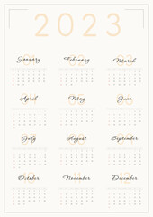 Classic monthly calendar for 2023. Minimalistic vertical calendar. The week starts on Sunday.