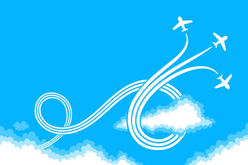 High in the sky, the plane draws a loop around a cloud, leaving a trail of smoke in the blue sky