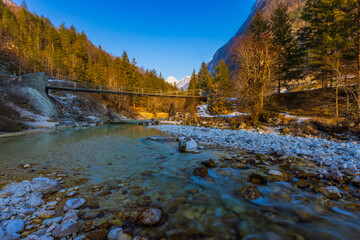 Rope bridge on the river Soca, Triglavski national park, Slovenia