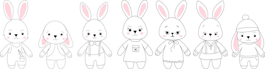 rabbits characters, doodle sketch, vector