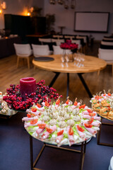 Food at a banquet for an aperitif. Presentation or wedding reception