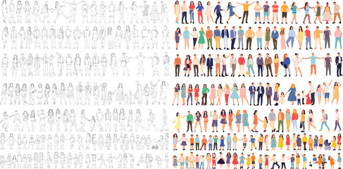 set of people sketch, continuous line drawing, vector