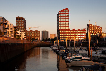 sunset reflecting on newly built modern office and residential buildings on the head of a harbour during golden hour - obrazy, fototapety, plakaty