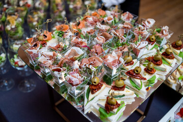 Food at a banquet for an aperitif. Presentation or wedding reception