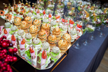 Food at a banquet for an aperitif. Presentation or wedding reception