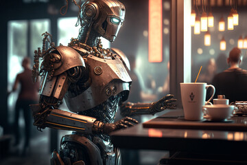 Fototapeta na wymiar illustration of futuristic robot as staff at coffee shop