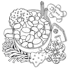 Cup with hot coffee. Adult Coloring book page. Christmas decoration. Hand-drawn vector illustration. Black and white Pattern.