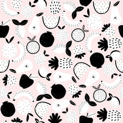 Black and white fruit seamless pattern. Summer tropical print. Vector hand drawn illustration. - 553300969