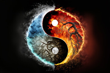 illustration of yin and yang symbol with fire, and water, 