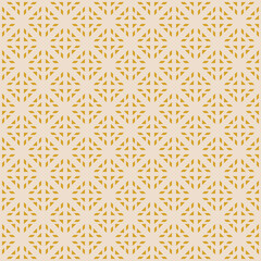 Vector geometric seamless pattern with tribal ethnic motif. Gold modern folk ornament. Simple abstract texture with grid, floral shapes. Yellow and beige color. Retro vintage background. Repeat design