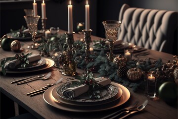 Festive Christmas Dinner Table, Winter Holidays Decorations and Food With Drinks and Candles Generative AI