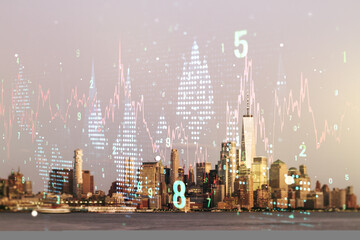 Multi exposure of virtual creative financial chart hologram on New York skyscrapers background, research and analytics concept