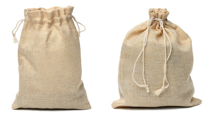 Full canvas bag tied with rope and isolated on a white background