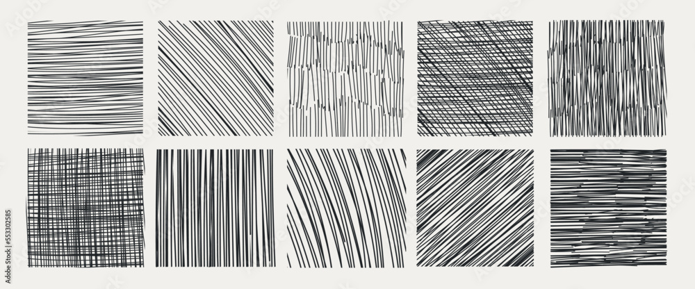 Poster Pencil shaded squares. Pen stroke scribble, hand drawn scrawl sketch texture and line sketched background vector set of pencil stroke square scribble illustration. 10 EPS.