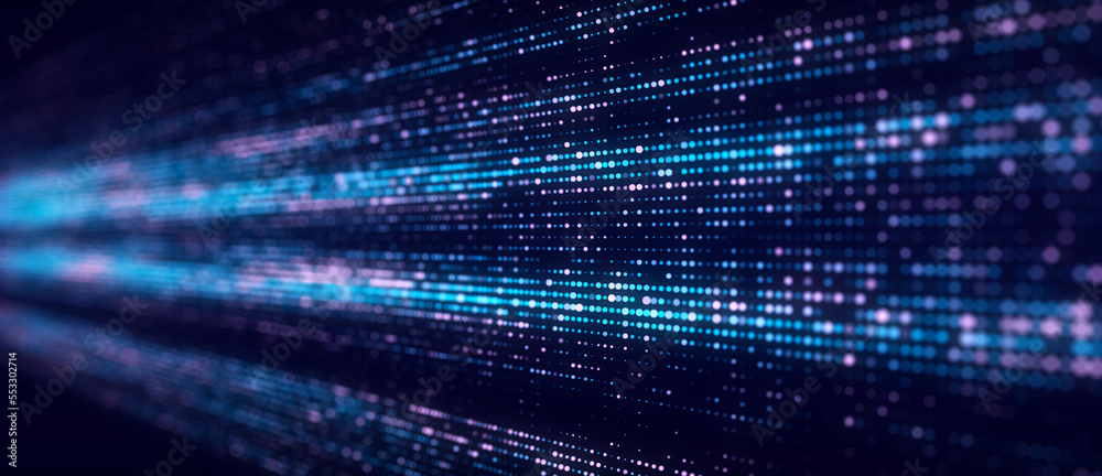 Fototapete Futuristic blue dots background. Abstract glitch background. Corrupted binary code. Technology of many glowing particles. Artificial intelligence. Big data visualization. 3d rendering.