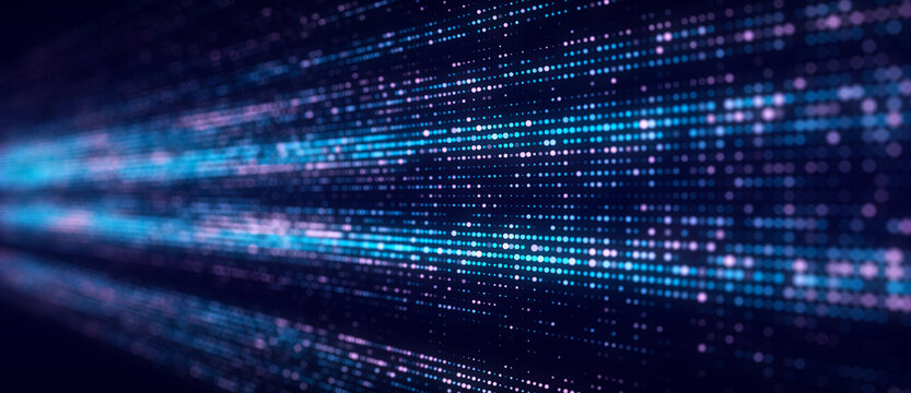 Futuristic blue dots background. Abstract glitch background. Corrupted binary code. Technology of many glowing particles. Artificial intelligence. Big data visualization. 3d rendering.