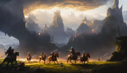 Fotobehang Painting of a knights on horseback in a fantasy landscape, charging onto the battlefield. © 4K_Heaven