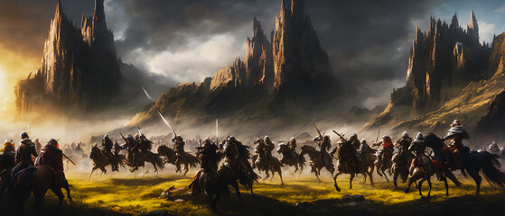 Painting of a knights on horseback in a fantasy landscape, charging onto the battlefield.Generative AI