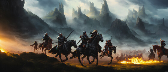 Plakat Painting of a knights on horseback in a fantasy landscape, charging onto the battlefield.