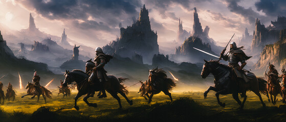 Naklejka na ściany i meble Painting of a knights on horseback in a fantasy landscape, charging onto the battlefield.