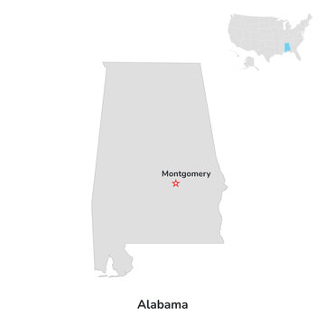 US American State of Alabama. USA state of Alabama county map outline on white background.