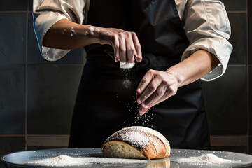 photography of a person sprinkling flour onto a loaf of bread - AI Generated