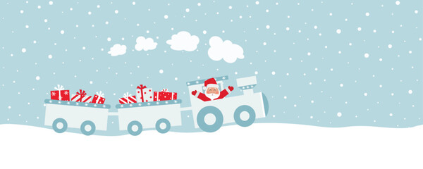 Santa Claus and Christmas train with gifts. Seamless border. Christmas holiday background. Template for greeting card. Vector illustration on light blue background © irynaalex