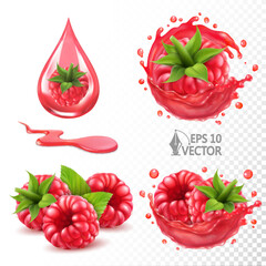 Vector set of ripe raspberries in fresh juice splash with transparent drops, natural juicy berries, 3d realistic illustration