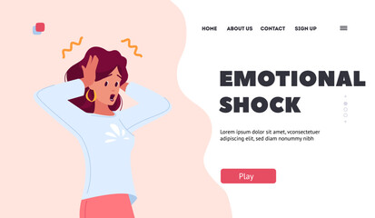 Emotional Shock Landing Page Template. Surprised Young Woman, Unexpected . Astonished Female Character