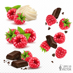 Ripe raspberries set with chocolate chips and vanilla cream. Groups of sweet desserts isolated on white background, packaging design element, 3d realistic vector illustration