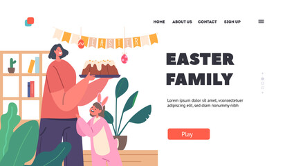Happy Family Prepare Easter Dinner Landing Page Template. Little Baby in Rabbit Costume and Mother with Cake in Hands